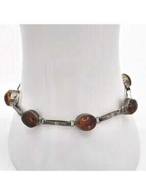 Vintage 70s Sterling Silver Amber Bracelet, Moody Stackable Natural Inclusions